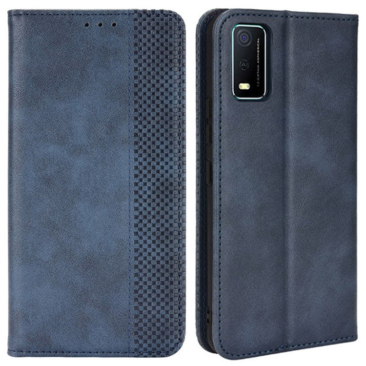 For vivo Y3s (2021) Wallet Stand Retro Style Imprinted Case Leather Magnetic Auto-absorbed Phone Cover - Blue