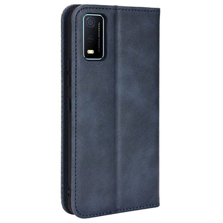 For vivo Y3s (2021) Wallet Stand Retro Style Imprinted Case Leather Magnetic Auto-absorbed Phone Cover - Blue