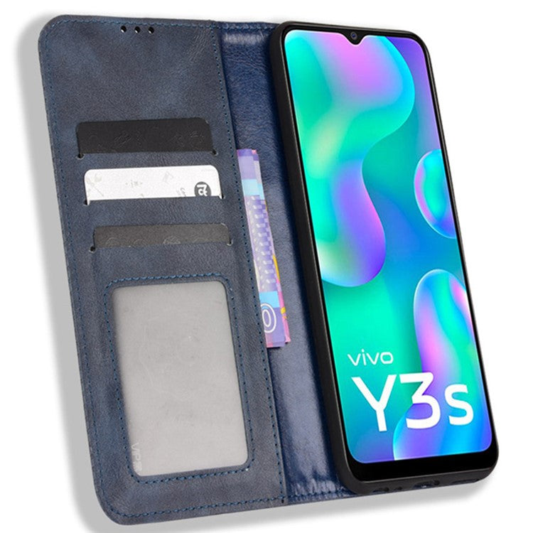 For vivo Y3s (2021) Wallet Stand Retro Style Imprinted Case Leather Magnetic Auto-absorbed Phone Cover - Blue