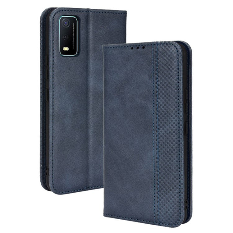 For vivo Y3s (2021) Wallet Stand Retro Style Imprinted Case Leather Magnetic Auto-absorbed Phone Cover - Blue