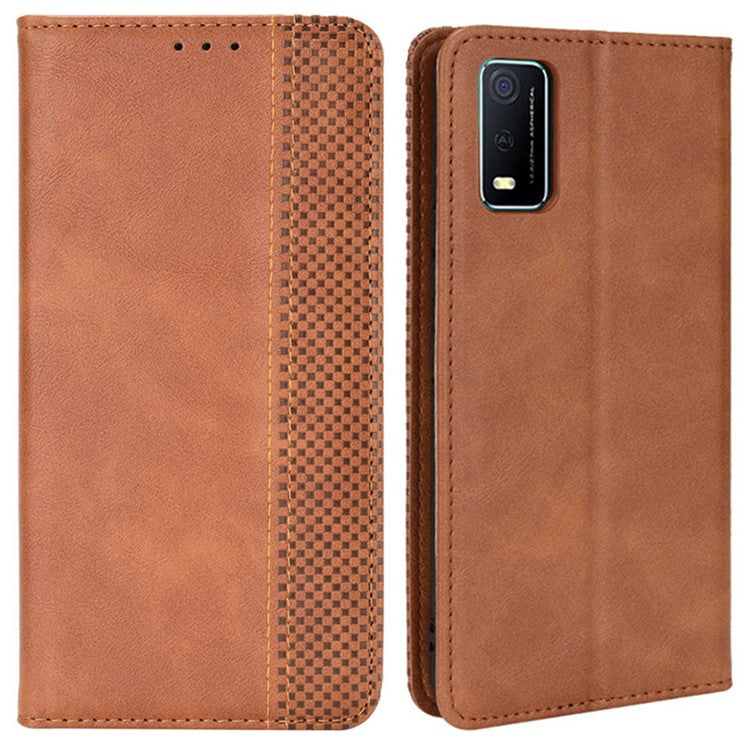 For vivo Y3s (2021) Wallet Stand Retro Style Imprinted Case Leather Magnetic Auto-absorbed Phone Cover - Brown