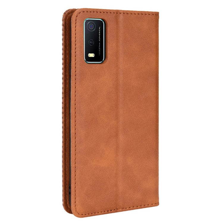 For vivo Y3s (2021) Wallet Stand Retro Style Imprinted Case Leather Magnetic Auto-absorbed Phone Cover - Brown