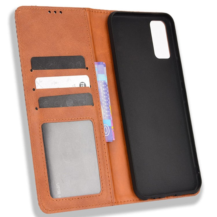 For vivo Y3s (2021) Wallet Stand Retro Style Imprinted Case Leather Magnetic Auto-absorbed Phone Cover - Brown