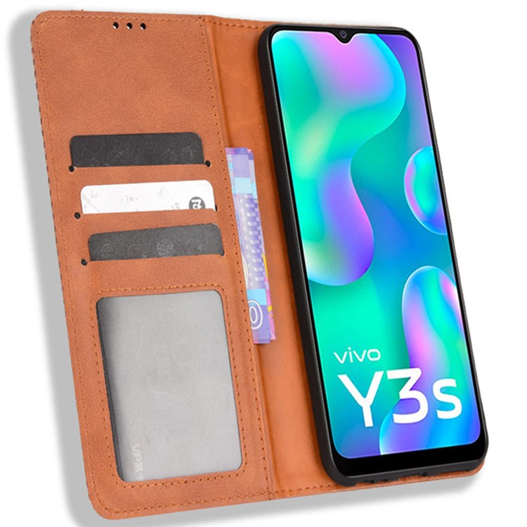 For vivo Y3s (2021) Wallet Stand Retro Style Imprinted Case Leather Magnetic Auto-absorbed Phone Cover - Brown