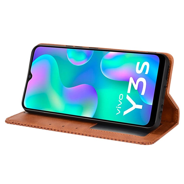 For vivo Y3s (2021) Wallet Stand Retro Style Imprinted Case Leather Magnetic Auto-absorbed Phone Cover - Brown