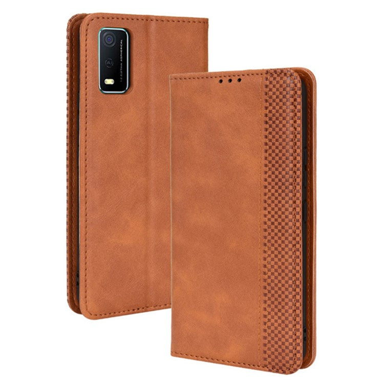 For vivo Y3s (2021) Wallet Stand Retro Style Imprinted Case Leather Magnetic Auto-absorbed Phone Cover - Brown