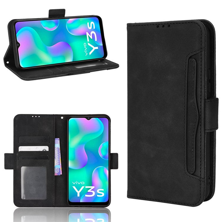 For vivo Y3s (2021) Magnetic Closure Multiple Card Slot Cash Pocket PU Leather Drop-proof Phone Case with Stand - Black