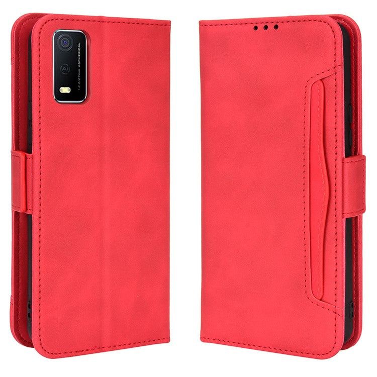 For vivo Y3s (2021) Magnetic Closure Multiple Card Slot Cash Pocket PU Leather Drop-proof Phone Case with Stand - Red