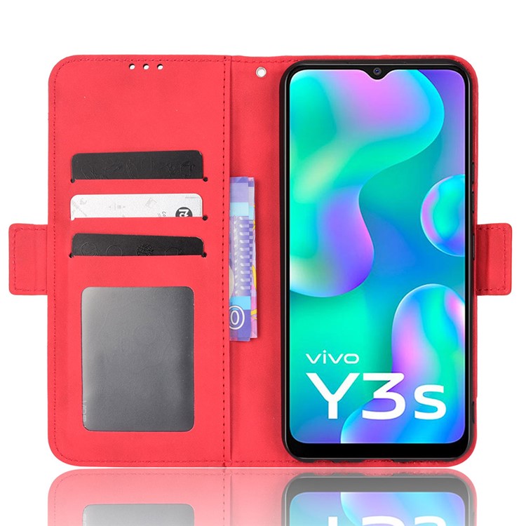 For vivo Y3s (2021) Magnetic Closure Multiple Card Slot Cash Pocket PU Leather Drop-proof Phone Case with Stand - Red