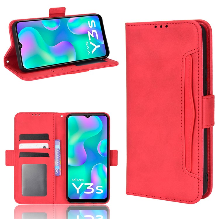 For vivo Y3s (2021) Magnetic Closure Multiple Card Slot Cash Pocket PU Leather Drop-proof Phone Case with Stand - Red