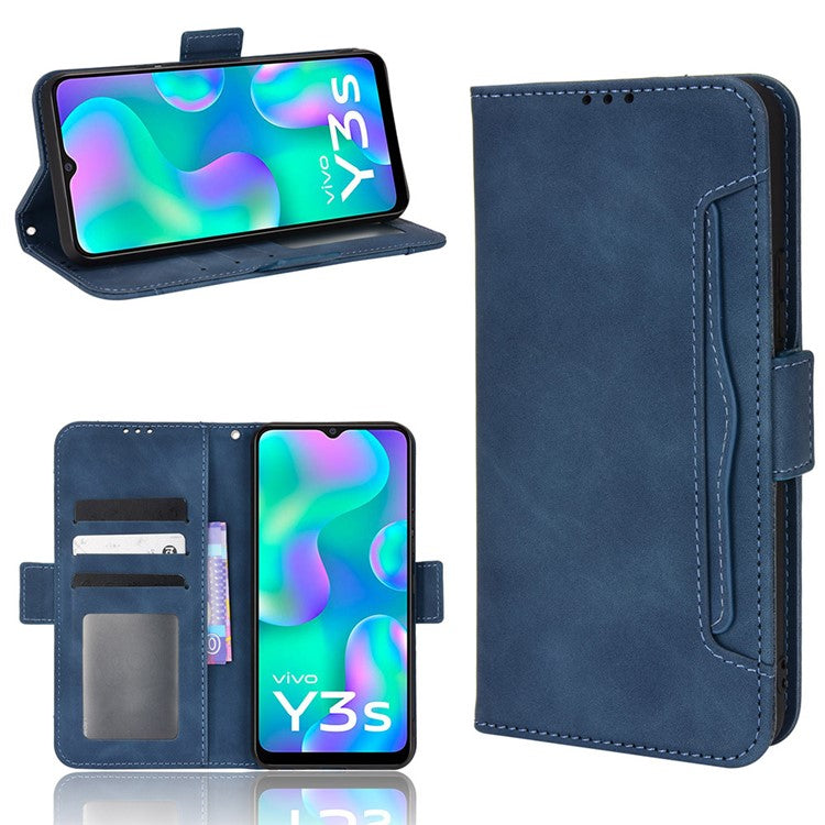 For vivo Y3s (2021) Magnetic Closure Multiple Card Slot Cash Pocket PU Leather Drop-proof Phone Case with Stand - Blue