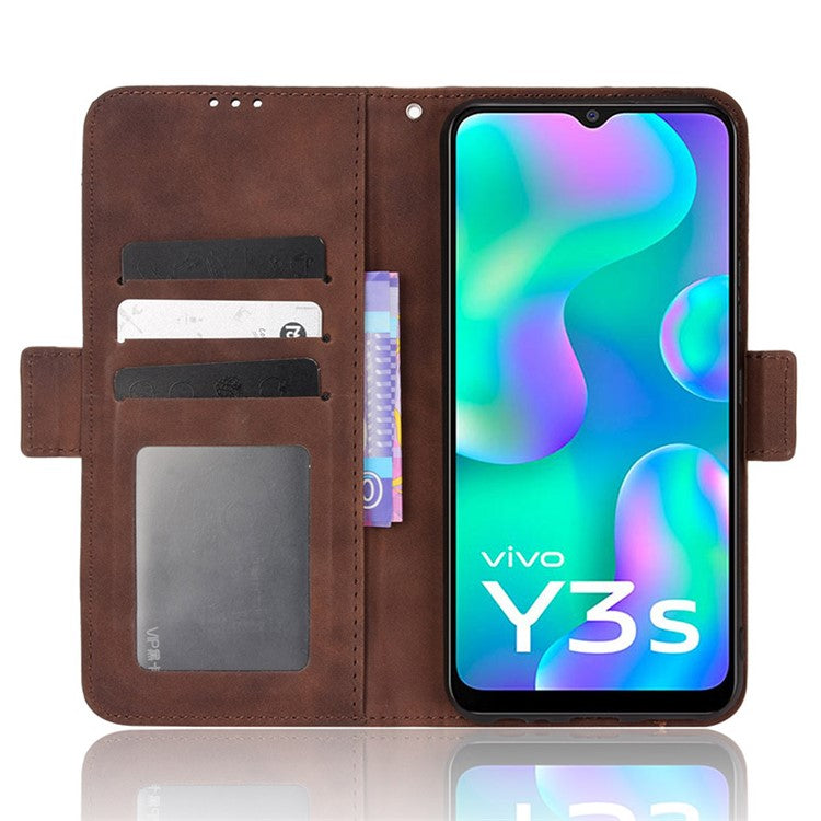 For vivo Y3s (2021) Magnetic Closure Multiple Card Slot Cash Pocket PU Leather Drop-proof Phone Case with Stand - Brown