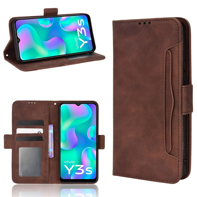 For vivo Y3s (2021) Magnetic Closure Multiple Card Slot Cash Pocket PU Leather Drop-proof Phone Case with Stand - Brown