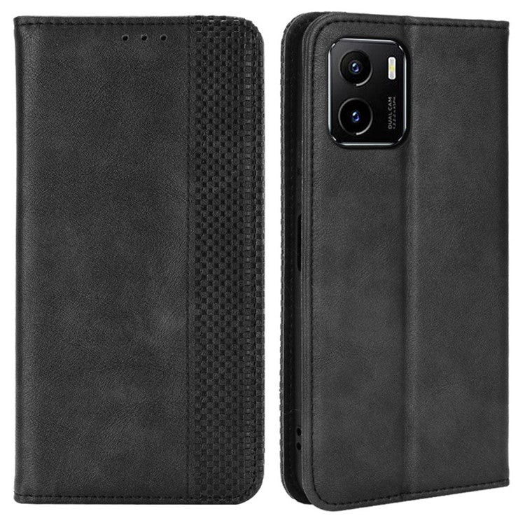 For vivo Y15s/Y15a/Y10/T1/Y01/iQOO U5x Shockproof Wallet Stand Retro Style Imprinted Case Leather Magnetic Flip Phone Cover - Black