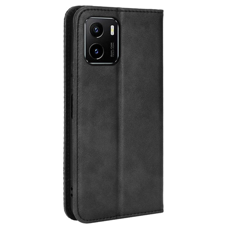 For vivo Y15s/Y15a/Y10/T1/Y01/iQOO U5x Shockproof Wallet Stand Retro Style Imprinted Case Leather Magnetic Flip Phone Cover - Black