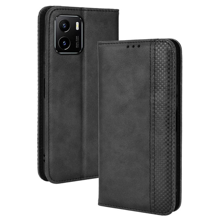 For vivo Y15s/Y15a/Y10/T1/Y01/iQOO U5x Shockproof Wallet Stand Retro Style Imprinted Case Leather Magnetic Flip Phone Cover - Black