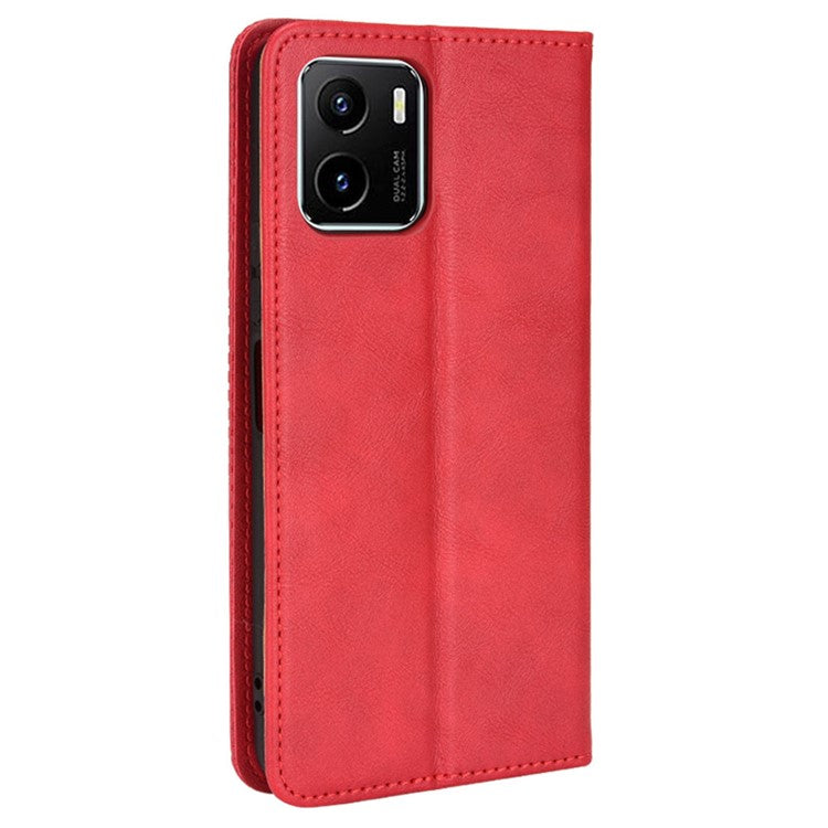 For vivo Y15s/Y15a/Y10/T1/Y01/iQOO U5x Shockproof Wallet Stand Retro Style Imprinted Case Leather Magnetic Flip Phone Cover - Red