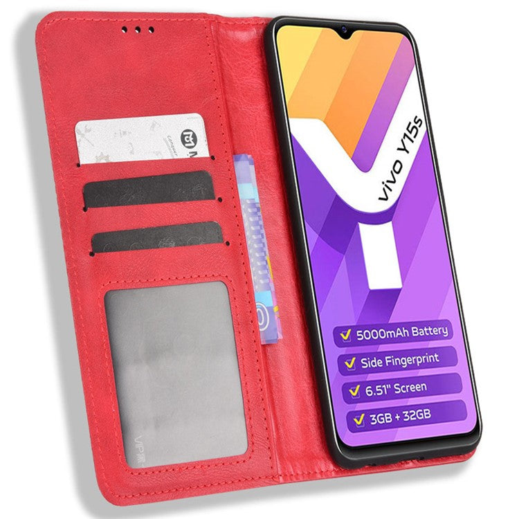 For vivo Y15s/Y15a/Y10/T1/Y01/iQOO U5x Shockproof Wallet Stand Retro Style Imprinted Case Leather Magnetic Flip Phone Cover - Red