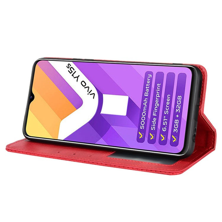 For vivo Y15s/Y15a/Y10/T1/Y01/iQOO U5x Shockproof Wallet Stand Retro Style Imprinted Case Leather Magnetic Flip Phone Cover - Red