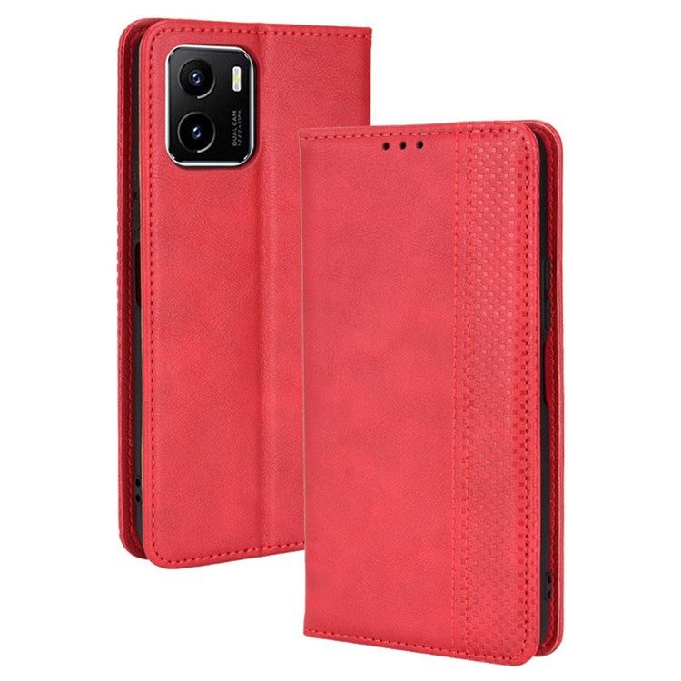 For vivo Y15s/Y15a/Y10/T1/Y01/iQOO U5x Shockproof Wallet Stand Retro Style Imprinted Case Leather Magnetic Flip Phone Cover - Red