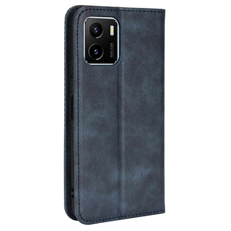 For vivo Y15s/Y15a/Y10/T1/Y01/iQOO U5x Shockproof Wallet Stand Retro Style Imprinted Case Leather Magnetic Flip Phone Cover - Blue