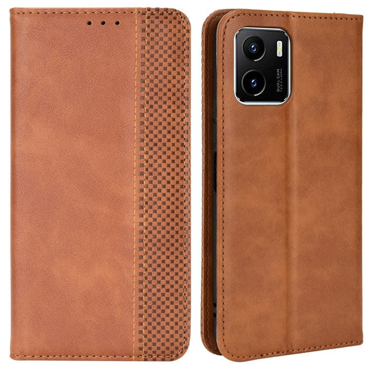 For vivo Y15s/Y15a/Y10/T1/Y01/iQOO U5x Shockproof Wallet Stand Retro Style Imprinted Case Leather Magnetic Flip Phone Cover - Brown