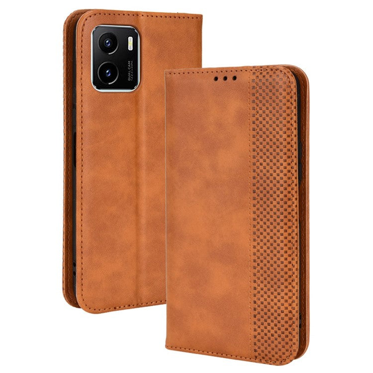 For vivo Y15s/Y15a/Y10/T1/Y01/iQOO U5x Shockproof Wallet Stand Retro Style Imprinted Case Leather Magnetic Flip Phone Cover - Brown