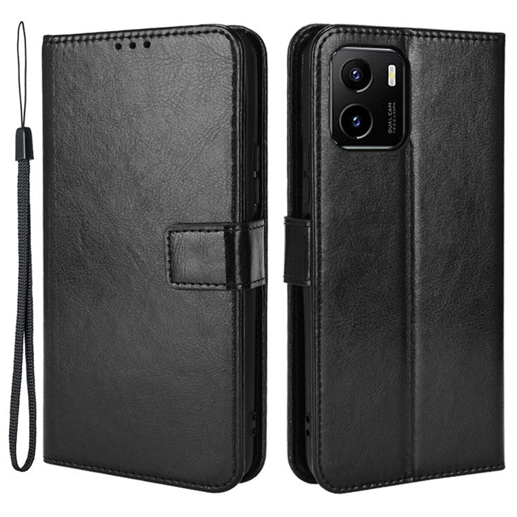 For vivo Y15s/Y15a/Y10/T1/Y01/iQOO U5x Folio Flip Well-protected Stand Wallet Crazy Horse Texture PU Leather Phone Cover Case - Black