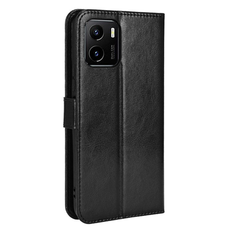 For vivo Y15s/Y15a/Y10/T1/Y01/iQOO U5x Folio Flip Well-protected Stand Wallet Crazy Horse Texture PU Leather Phone Cover Case - Black