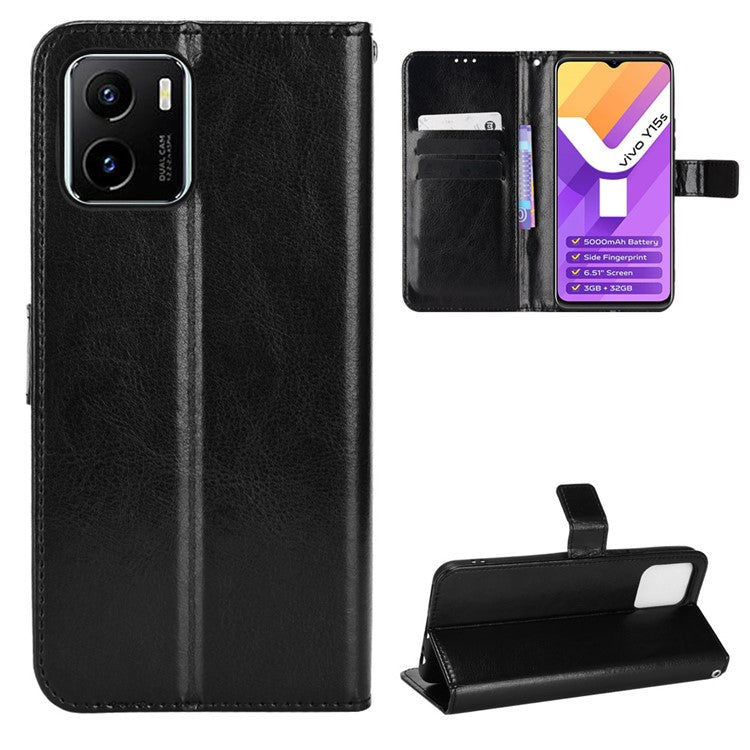 For vivo Y15s/Y15a/Y10/T1/Y01/iQOO U5x Folio Flip Well-protected Stand Wallet Crazy Horse Texture PU Leather Phone Cover Case - Black