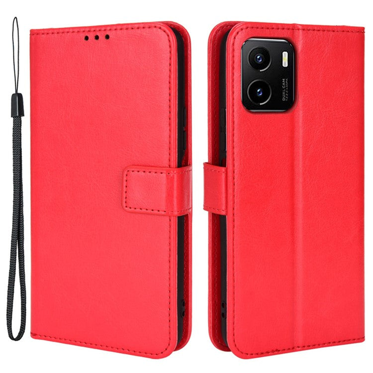 For vivo Y15s/Y15a/Y10/T1/Y01/iQOO U5x Folio Flip Well-protected Stand Wallet Crazy Horse Texture PU Leather Phone Cover Case - Red