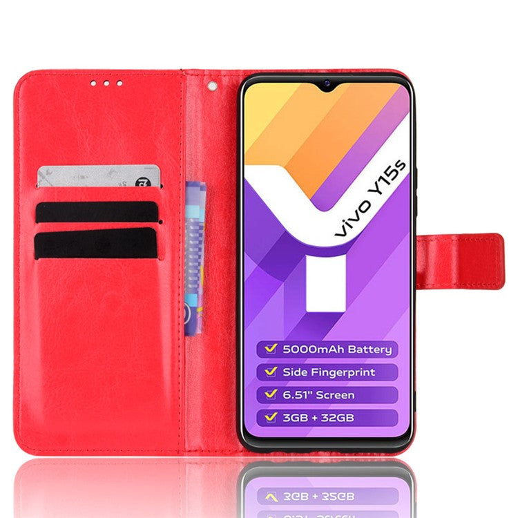 For vivo Y15s/Y15a/Y10/T1/Y01/iQOO U5x Folio Flip Well-protected Stand Wallet Crazy Horse Texture PU Leather Phone Cover Case - Red