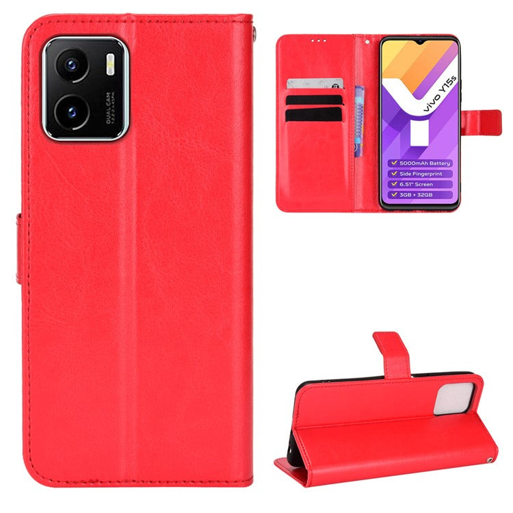 For vivo Y15s/Y15a/Y10/T1/Y01/iQOO U5x Folio Flip Well-protected Stand Wallet Crazy Horse Texture PU Leather Phone Cover Case - Red