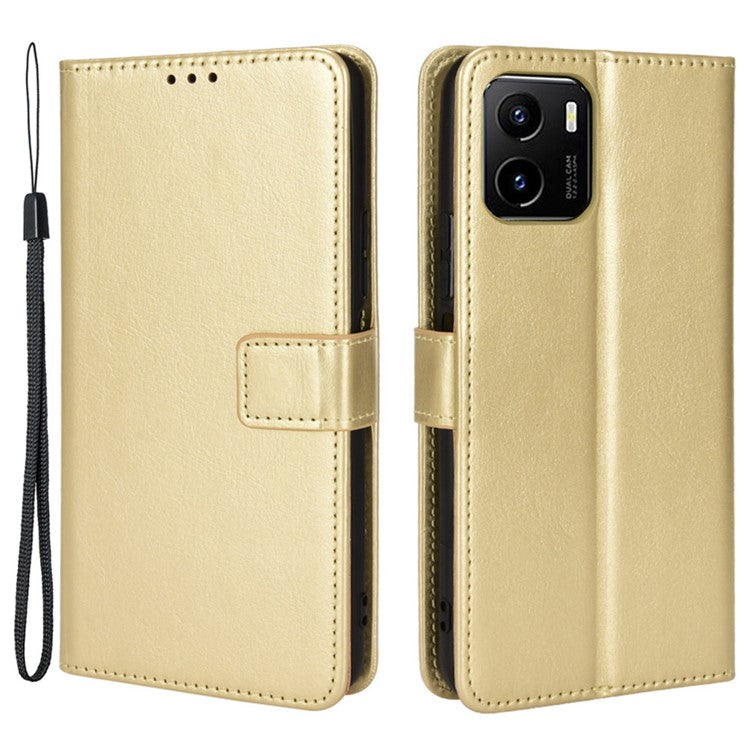 For vivo Y15s/Y15a/Y10/T1/Y01/iQOO U5x Folio Flip Well-protected Stand Wallet Crazy Horse Texture PU Leather Phone Cover Case - Gold