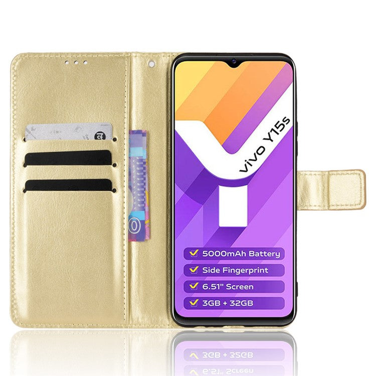 For vivo Y15s/Y15a/Y10/T1/Y01/iQOO U5x Folio Flip Well-protected Stand Wallet Crazy Horse Texture PU Leather Phone Cover Case - Gold