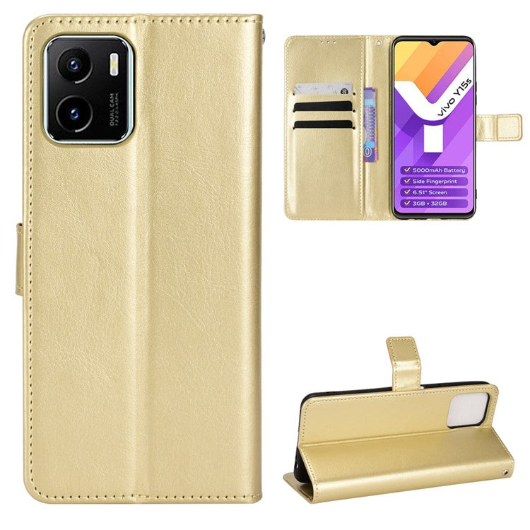 For vivo Y15s/Y15a/Y10/T1/Y01/iQOO U5x Folio Flip Well-protected Stand Wallet Crazy Horse Texture PU Leather Phone Cover Case - Gold