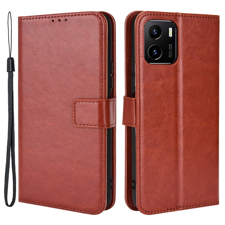 For vivo Y15s/Y15a/Y10/T1/Y01/iQOO U5x Folio Flip Well-protected Stand Wallet Crazy Horse Texture PU Leather Phone Cover Case - Brown