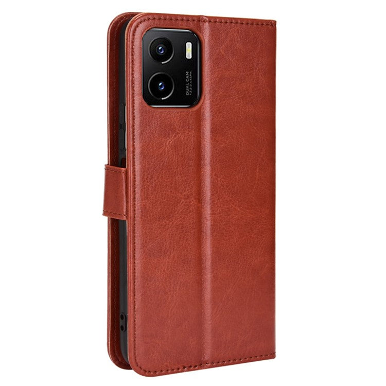 For vivo Y15s/Y15a/Y10/T1/Y01/iQOO U5x Folio Flip Well-protected Stand Wallet Crazy Horse Texture PU Leather Phone Cover Case - Brown