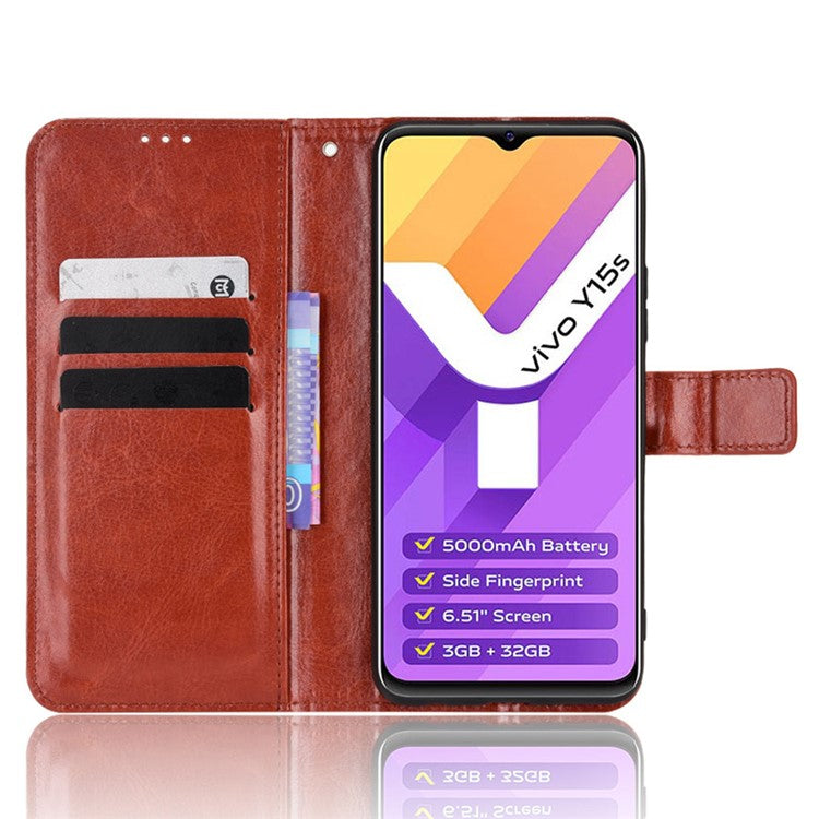 For vivo Y15s/Y15a/Y10/T1/Y01/iQOO U5x Folio Flip Well-protected Stand Wallet Crazy Horse Texture PU Leather Phone Cover Case - Brown