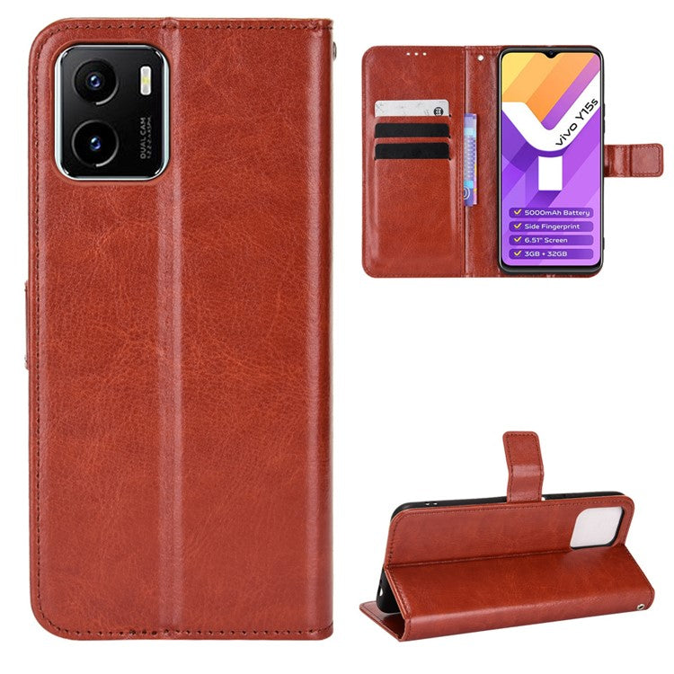 For vivo Y15s/Y15a/Y10/T1/Y01/iQOO U5x Folio Flip Well-protected Stand Wallet Crazy Horse Texture PU Leather Phone Cover Case - Brown