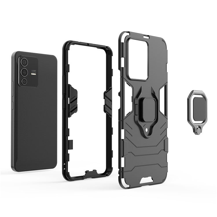 Cellphone Case Bag for vivo S12 Ring Kickstand Sturdy Anti-Shock Flexible TPU + Hard PC Back Cover - Black