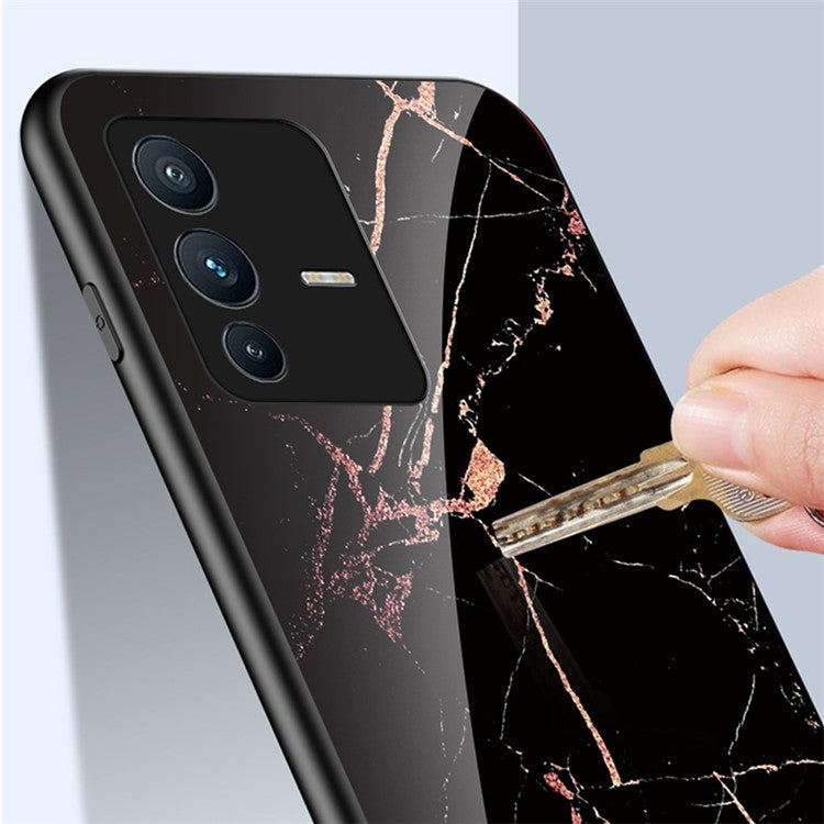 For vivo S12/V23 5G Anti-drop Marble Pattern Phone Case Tempered Glass + PC + TPU Protective Cover - Gold Black Marble