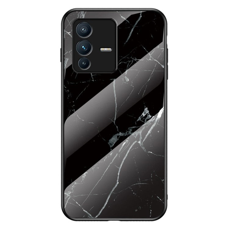 For vivo S12/V23 5G Anti-drop Marble Pattern Phone Case Tempered Glass + PC + TPU Protective Cover - Black Marble