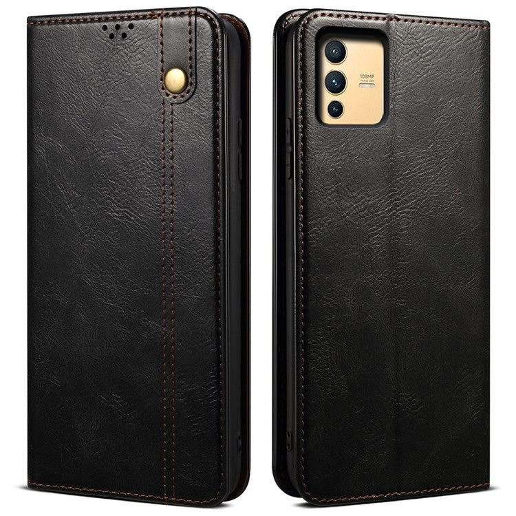 For vivo S12/V23 5G Waxy Crazy Horse Texture Wallet Stand PU Leather Cover Phone Case - Black