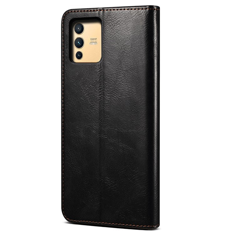 For vivo S12/V23 5G Waxy Crazy Horse Texture Wallet Stand PU Leather Cover Phone Case - Black