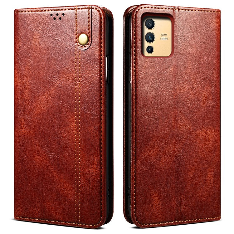 For vivo S12/V23 5G Waxy Crazy Horse Texture Wallet Stand PU Leather Cover Phone Case - Brown