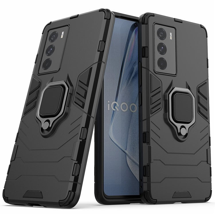 For vivo iQOO Neo5 S Ring Kickstand Hard PC+ Soft TPU Phone Case Heavy Duty Shockproof Protective Cover - Black