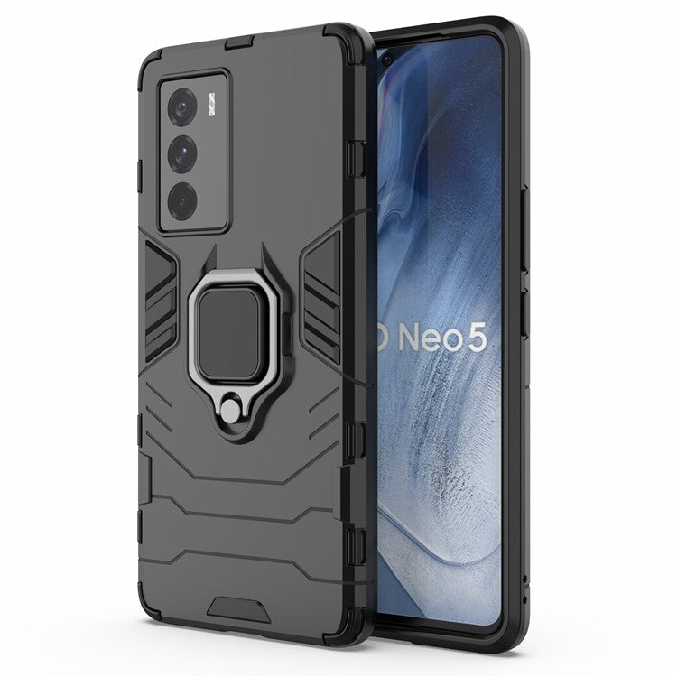 For vivo iQOO Neo5 S Ring Kickstand Hard PC+ Soft TPU Phone Case Heavy Duty Shockproof Protective Cover - Black