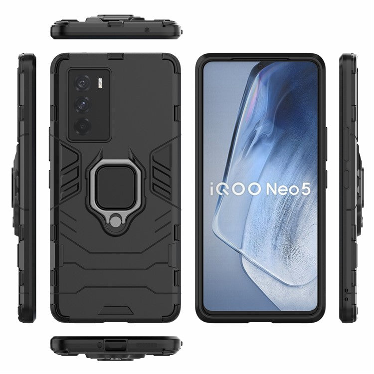 For vivo iQOO Neo5 S Ring Kickstand Hard PC+ Soft TPU Phone Case Heavy Duty Shockproof Protective Cover - Black