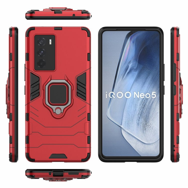 For vivo iQOO Neo5 S Ring Kickstand Hard PC+ Soft TPU Phone Case Heavy Duty Shockproof Protective Cover - Red